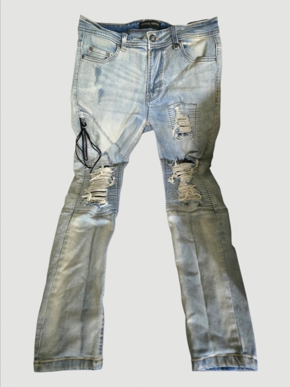 Hyper Denim Jeans Men's Size 32 Light Blue Wash Distressed Moto Biker Skinny